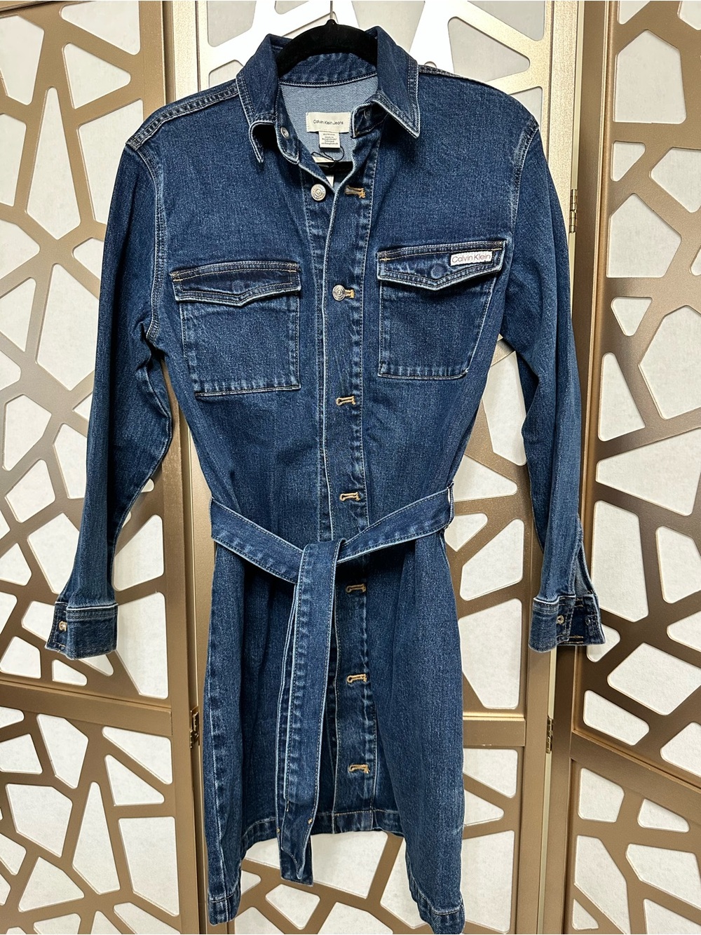 NWT Calvin Klein Dark Blue Denim Shirt Dress with Belt